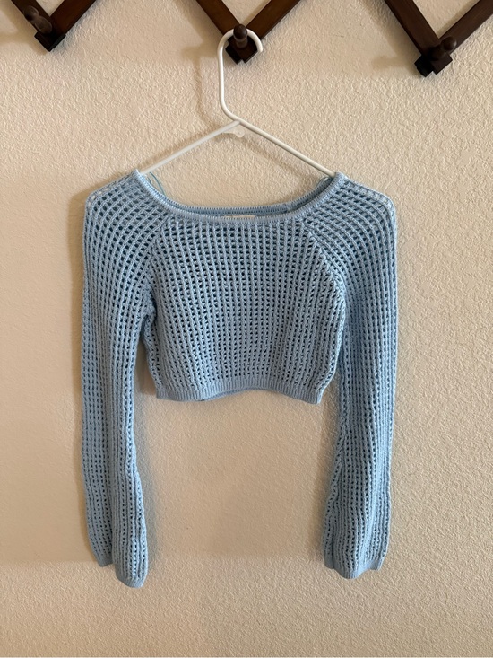 LA Hearts Sweaters - LA Hearts Baby Blue Cropped Open-Knit Crew Sweater